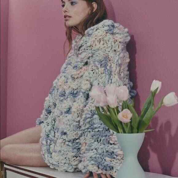 For Love & Lemons Mademoiselle Wool Blend Popover Sweater Blue Pink Size L - Picture 1 of 9